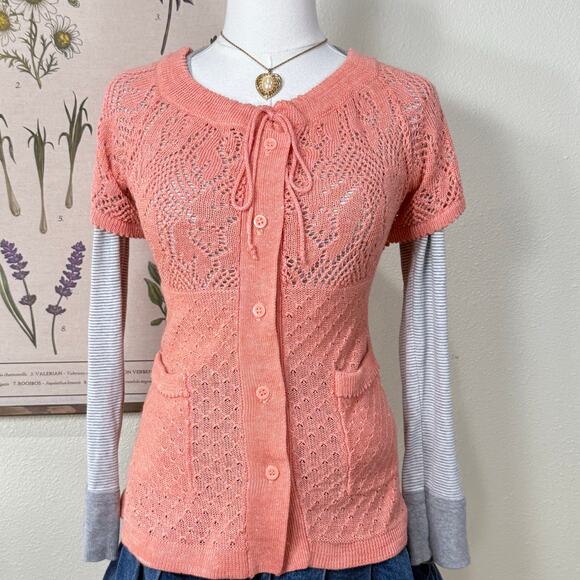 Vintage Open Knit Tie Front Cardigan Sweater Cottage Prairie Coastal Grandma L - Picture 3 of 7